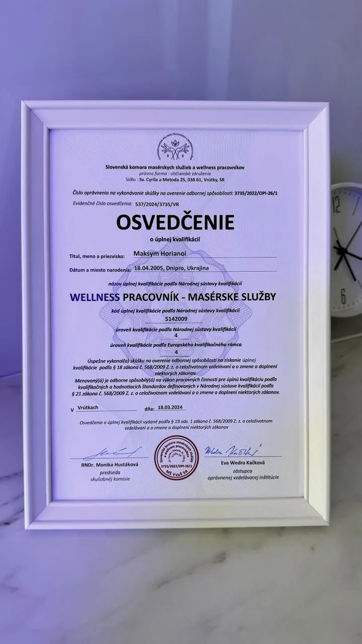 Osvedčenie o úplnej kvalifikácii – Wellness pracovník – masérske služby, Slovenská komora masérskych služieb a wellness pracovníkov, 18. marca 2024