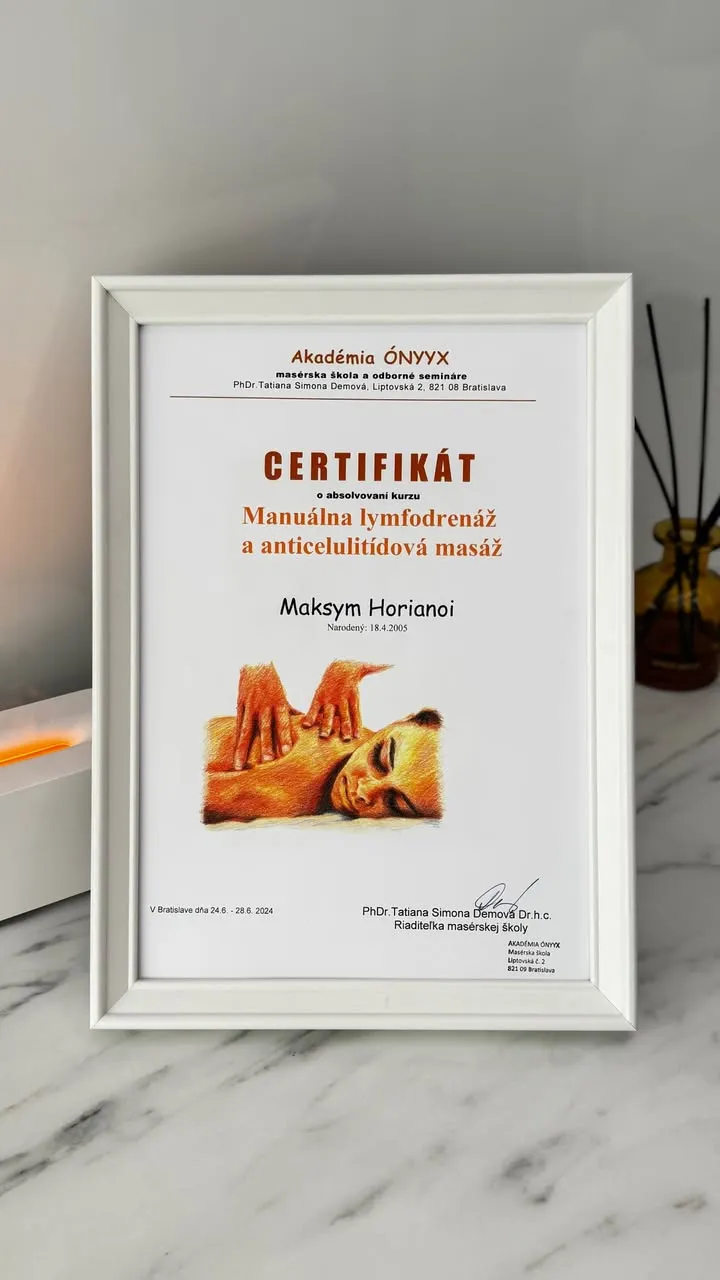 Certifikát – Manuálna lymfodrenáž a anticelulitídová masáž, Akadémia Ónyyx – masérska škola, Bratislava, 28. júna 2024
